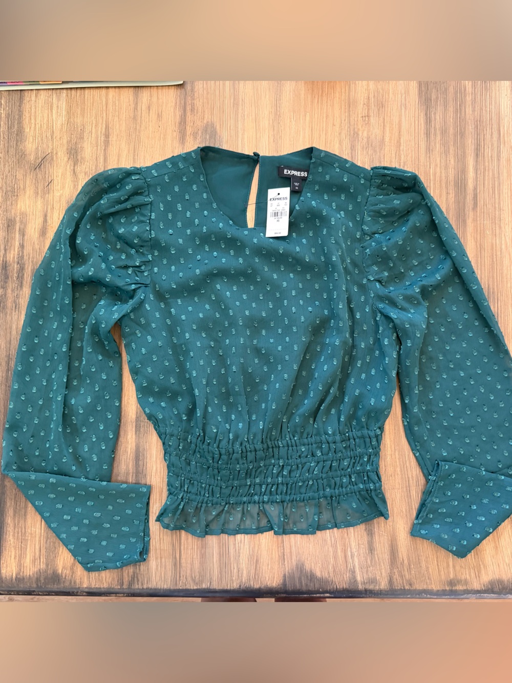 NWT Express Teal Green Smocked-Hem Long Sleeve Blouse